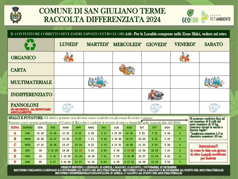 Calendario raccolta "porta a porta" Geofor 2024 Città di San Giuliano